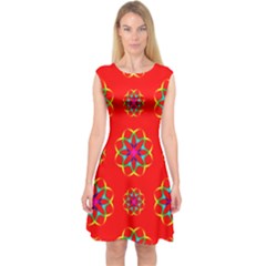 Rainbow Colors Geometric Circles Seamless Pattern On Red Background Capsleeve Midi Dress by BangZart
