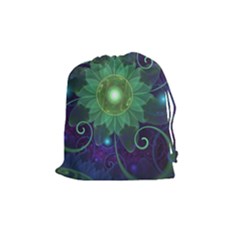 Glowing Blue-green Fractal Lotus Lily Pad Pond Drawstring Pouches (medium)  by jayaprime