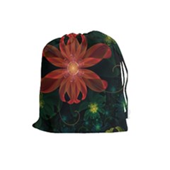 Beautiful Red Passion Flower In A Fractal Jungle Drawstring Pouches (large)  by jayaprime