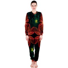 Beautiful Red Passion Flower In A Fractal Jungle Onepiece Jumpsuit (ladies)  by jayaprime