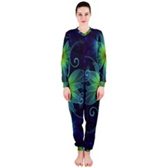 Blue And Green Fractal Flower Of A Stargazer Lily Onepiece Jumpsuit (ladies)  by jayaprime