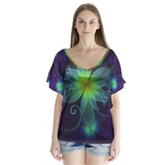 Blue And Green Fractal Flower Of A Stargazer Lily Flutter Sleeve Top by jayaprime