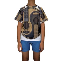 Old And Worn Acoustic Guitars Yin Yang Kids  Short Sleeve Swimwear by JeffBartels