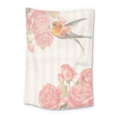 Vintage Roses Floral Illustration Bird Small Tapestry by paulaoliveiradesign