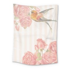 Vintage Roses Floral Illustration Bird Medium Tapestry by paulaoliveiradesign