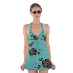 Chocolate Background Floral Pattern Halter Swimsuit Dress by Nexatart