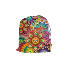 Colorful Abstract Pattern Kaleidoscope Drawstring Pouches (medium)  by paulaoliveiradesign