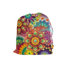 Colorful Abstract Pattern Kaleidoscope Drawstring Pouches (large)  by paulaoliveiradesign