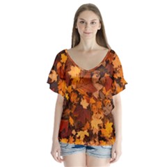 Fall Foliage Autumn Leaves October V-neck Flutter Sleeve Top by Nexatart