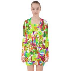 Colorful Shapes On A White Background                                V-neck Bodycon Long Sleeve Dress by LalyLauraFLM