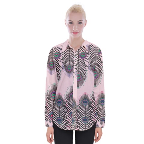 Peacock Feather Pattern Pink Love Heart Womens Long Sleeve Shirt by Mariart