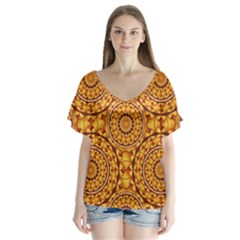 Golden Mandalas Pattern V-neck Flutter Sleeve Top by linceazul