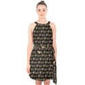Hotwife Vixen with Butterfly in Gold on Black Halter Collar Waist Tie Chiffon Dress View1