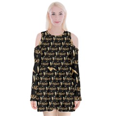Hotwife Vixen With Butterfly In Gold On Black Velvet Long Sleeve Shoulder Cutout Dress by MakeaStatementClothing
