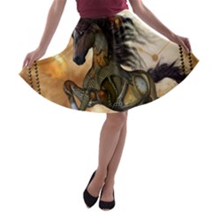 Steampunk, Wonderful Steampunk Horse With Clocks And Gears, Golden Design A-line Skater Skirt by FantasyWorld7