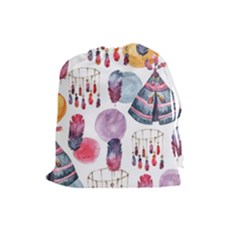Boho Tribal Watercolor White Pattern Drawstring Pouches (large)  by paulaoliveiradesign