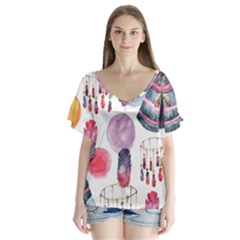 Boho Tribal Watercolor White Pattern V-neck Flutter Sleeve Top by paulaoliveiradesign