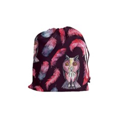 Boho Owl And Feather Pattern Drawstring Pouches (medium)  by paulaoliveiradesign