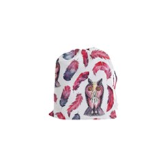 Boho Owl And Feather White Pattern Drawstring Pouches (xs)  by paulaoliveiradesign