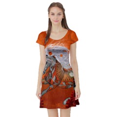 Steampunk, Wonderful Wild Steampunk Horse Short Sleeve Skater Dress by FantasyWorld7