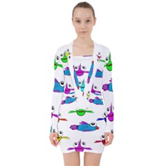Fish Swim Cartoon Funny Cute V-neck Bodycon Long Sleeve Dress by Nexatart