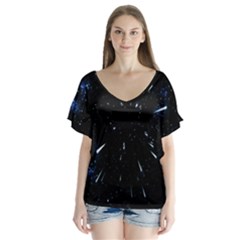 Space Warp Speed Hyperspace Through Starfield Nebula Space Star Line Light Hole V-neck Flutter Sleeve Top by Mariart