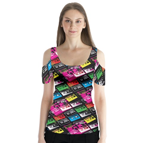 Pattern Colorfulcassettes Icreate Butterfly Sleeve Cutout Tee  by iCreate