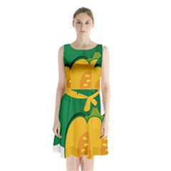 Pumpkin Peppers Green Yellow Sleeveless Waist Tie Chiffon Dress by Mariart