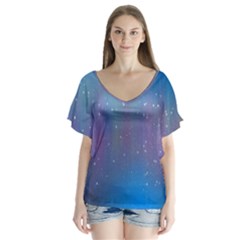 Rain Star Planet Galaxy Blue Sky Purple Blue V-neck Flutter Sleeve Top by Mariart