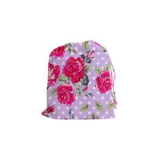 Shabby Chic,pink,roses,polka Dots Drawstring Pouches (small)  by NouveauDesign