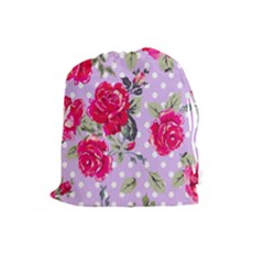 Shabby Chic,pink,roses,polka Dots Drawstring Pouches (large)  by NouveauDesign
