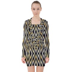 Gold,black,art Deco Pattern V-neck Bodycon Long Sleeve Dress by NouveauDesign