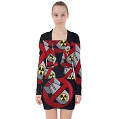 No Nuclear Weapons V-neck Bodycon Long Sleeve Dress by Valentinaart