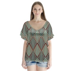 Art Deco Teal Brown V-neck Flutter Sleeve Top by NouveauDesign