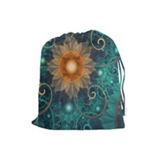Beautiful Tangerine Orange And Teal Lotus Fractals Drawstring Pouches (large)  by jayaprime