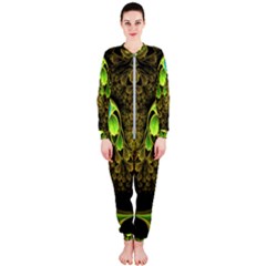 Beautiful Gold And Green Fractal Peacock Feathers Onepiece Jumpsuit (ladies)  by jayaprime
