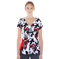 Vector Red Black White Camo Advance Short Sleeve Front Detail Top by Mariart