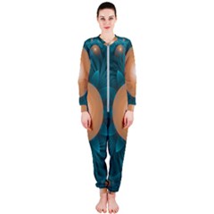 Beautiful Orange Teal Fractal Lotus Lily Pad Pond Onepiece Jumpsuit (ladies)  by jayaprime