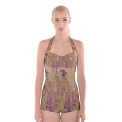 Japanese Geisha With Cat Illustration Boyleg Halter Swimsuit  by paulaoliveiradesign