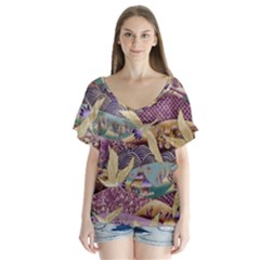 Textile Fabric Cloth Pattern V-neck Flutter Sleeve Top by Celenk