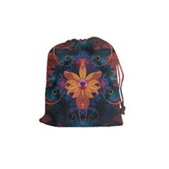 Beautiful Fiery Orange & Blue Fractal Orchid Flower Drawstring Pouches (medium)  by jayaprime