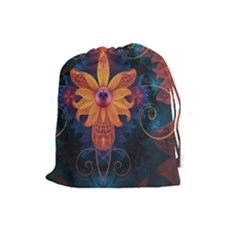 Beautiful Fiery Orange & Blue Fractal Orchid Flower Drawstring Pouches (large)  by jayaprime
