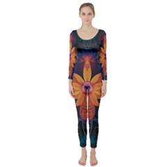 Beautiful Fiery Orange & Blue Fractal Orchid Flower Long Sleeve Catsuit by jayaprime