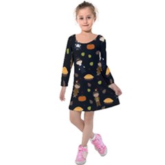 Pilgrims And Indians Pattern - Thanksgiving Kids  Long Sleeve Velvet Dress by Valentinaart