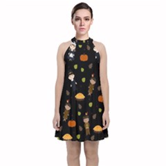 Pilgrims And Indians Pattern - Thanksgiving Velvet Halter Neckline Dress  by Valentinaart