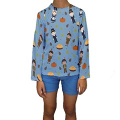 Pilgrims And Indians Pattern - Thanksgiving Kids  Long Sleeve Swimwear by Valentinaart