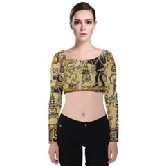 Mystery Pattern Pyramid Peru Aztec Font Art Drawing Illustration Design Text Mexico History Indian Velvet Long Sleeve Crop Top by Celenk