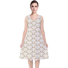 Art Deco,japanese Fan Pattern, Gold,white,vintage,chic,elegant,beautiful,shell Pattern, Modern,trendy V-neck Midi Sleeveless Dress  by NouveauDesign