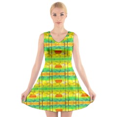 Birds Beach Sun Abstract Pattern V-neck Sleeveless Skater Dress by Celenk