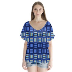 Textiles Texture Structure Grid V-neck Flutter Sleeve Top by Celenk